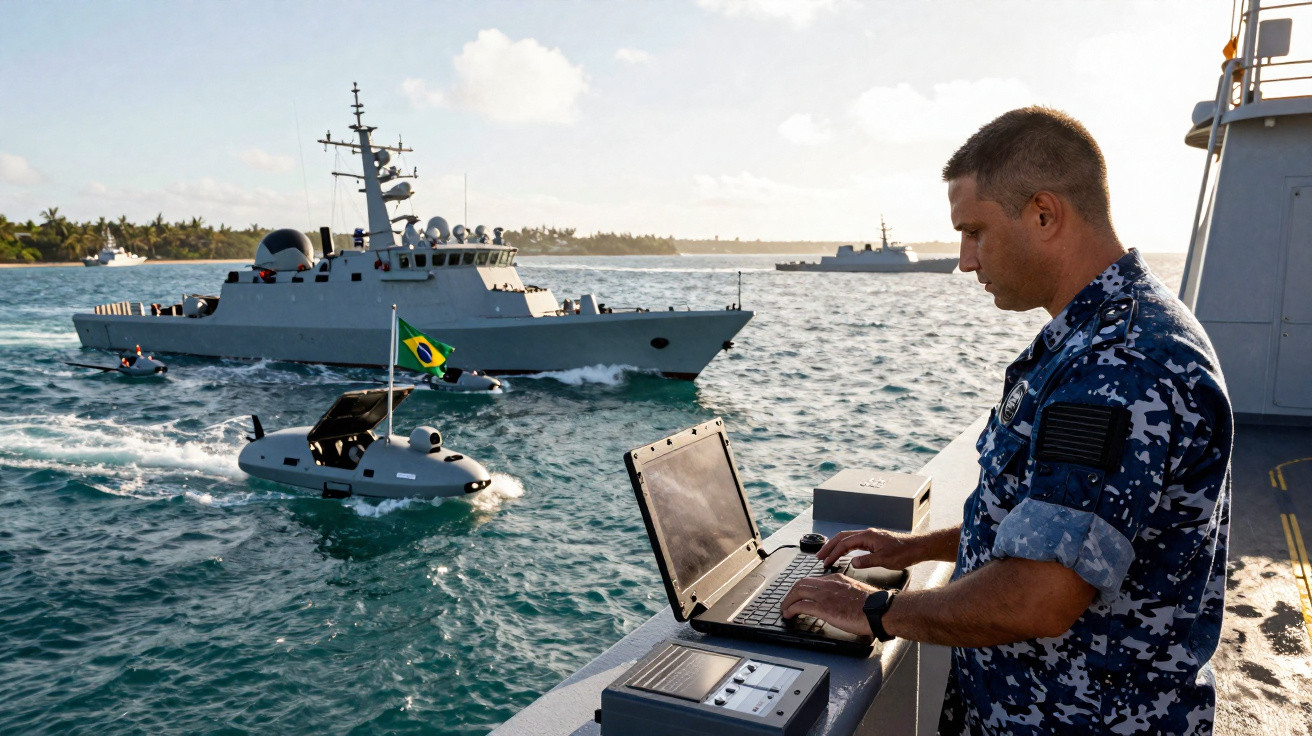 Militar com uniforme camuflado azul operando computador a bordo, com navios e um submarino brasileiro no mar ao fundo.