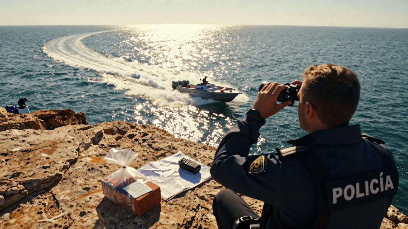 Polícia observa barco rápido ao largo da costa enquanto faz patrulha no mar ao pôr do sol.