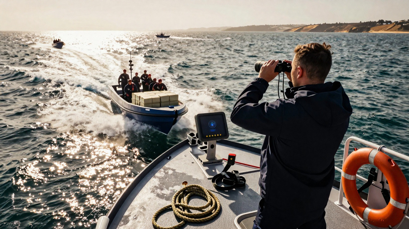 Homem numa embarcação observa com binóculos barcos com pessoas e carga no mar junto a uma costa arenosa.