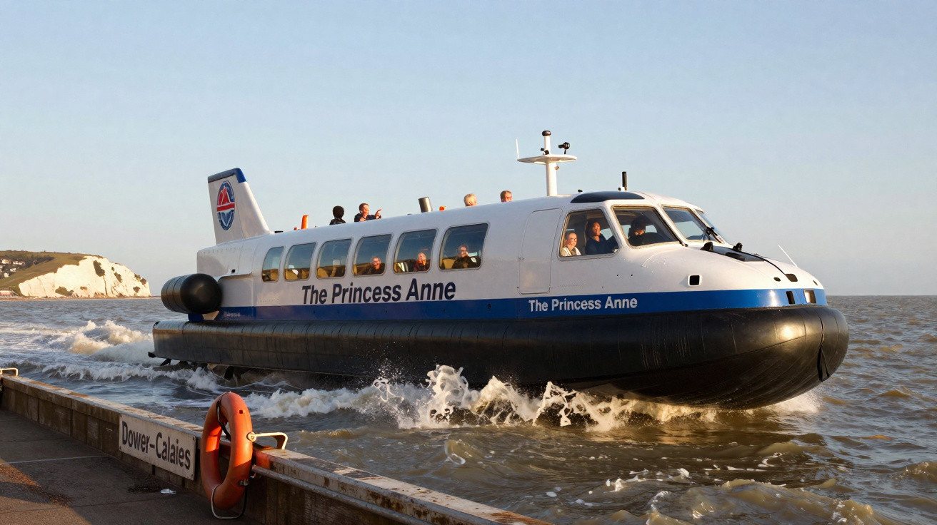 Hovercraft The Princess Anne a navegar próximo ao cais de Dover, com passageiros a bordo.