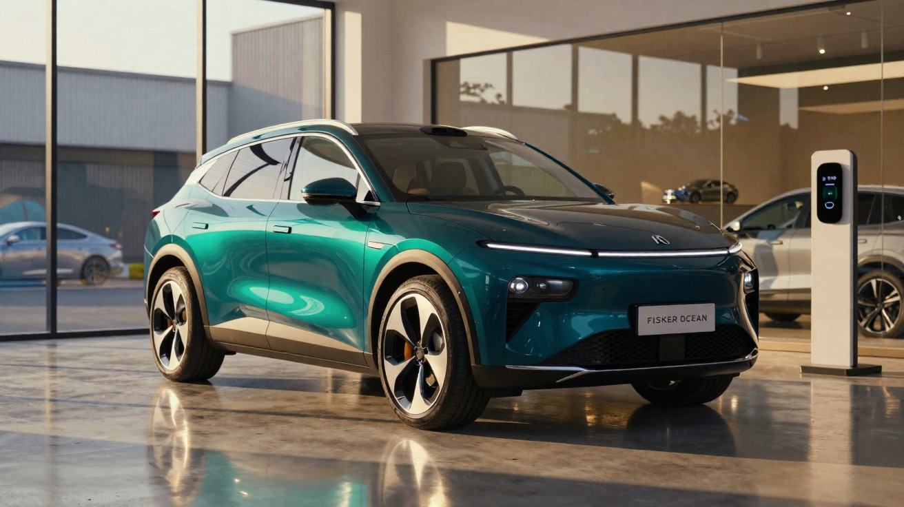 Carro elétrico verde Fisker Ocean estacionado em espaço interior com carregador ao lado.