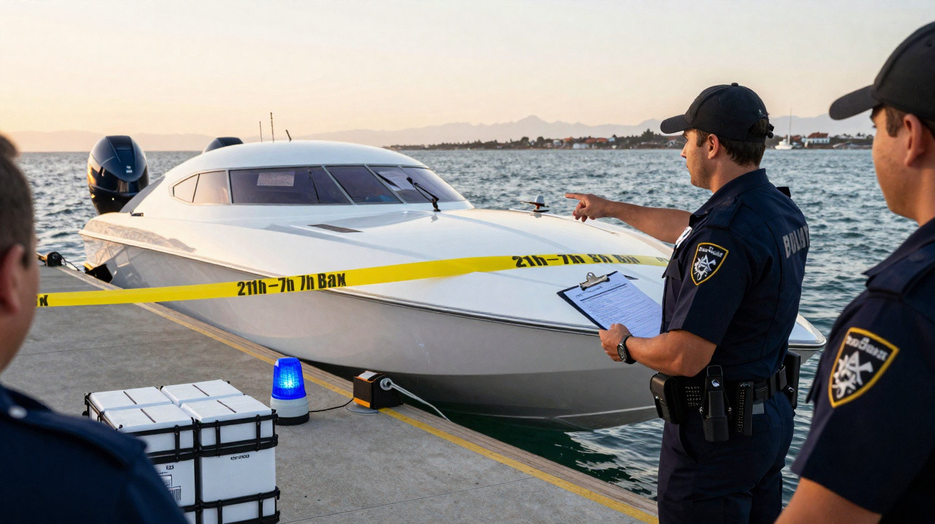 Polícias junto a um barco moderno isolado por fita de cena do crime num cais ao pôr do sol.