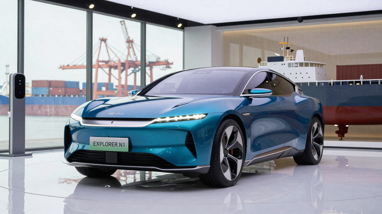 Carro elétrico azul com design desportivo exposto em ambiente interior com janela para porto marítimo.