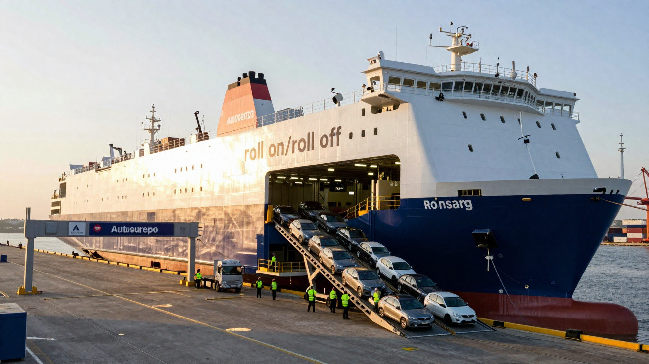 Navio Ro-ros ferry descarregando automóveis novos num cais de porto ao pôr do sol.