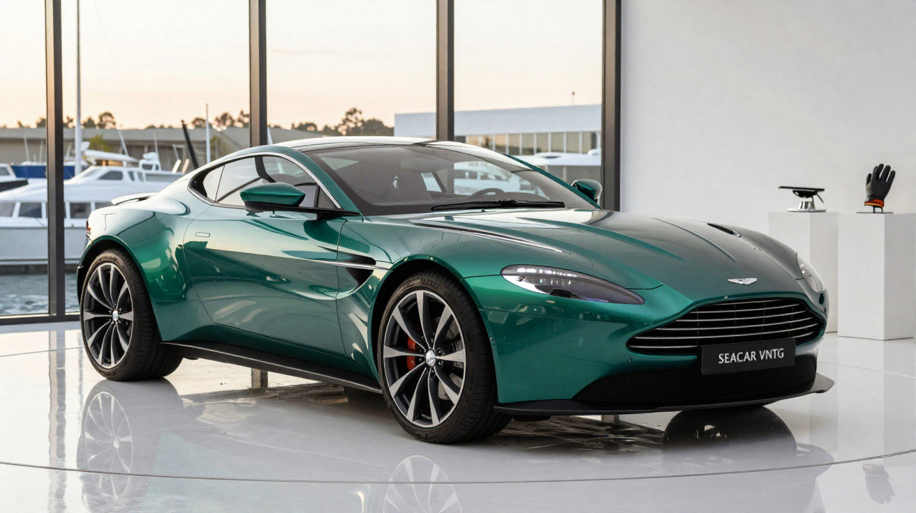 Carro desportivo Aston Martin verde metálico exibido num showroom com janelas panorâmicas e vista para o mar.