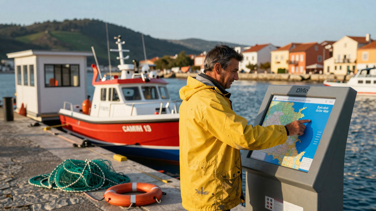 Homem de casaco amarelo consulta mapa interativo perto do cais com barco e edifícios ao fundo.