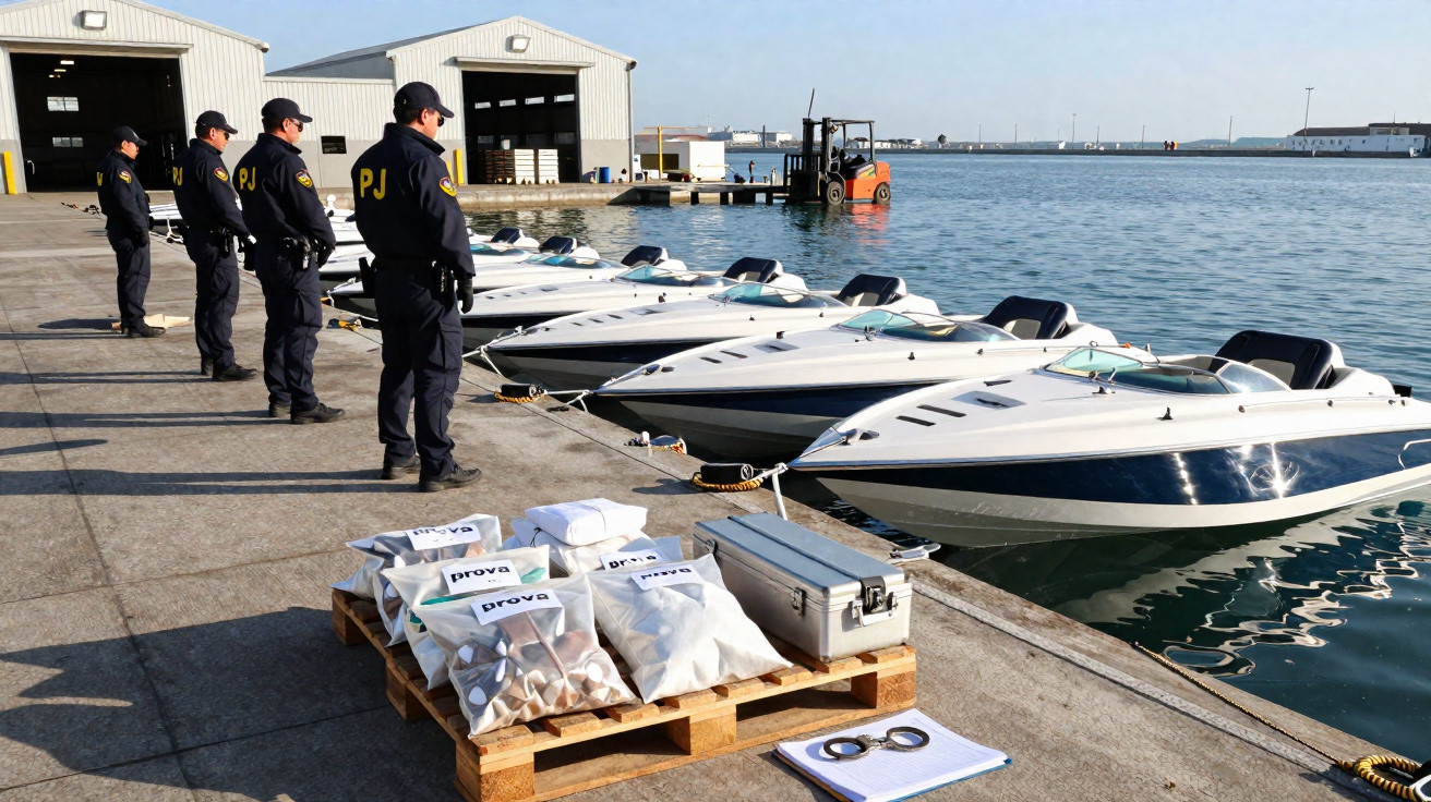 Agentes policiais junto a cinco lanchas e sacos de provas sobre palete numa doca de porto marítimo.