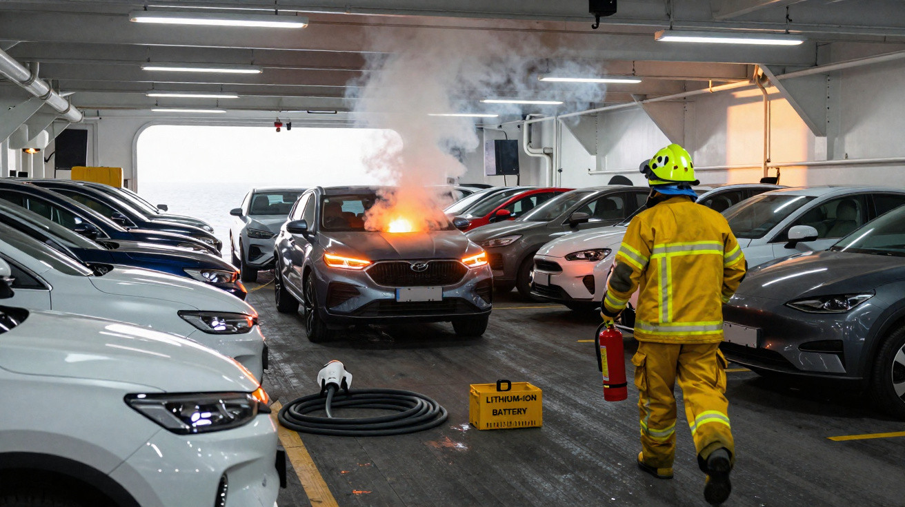 Bombeiro dirige-se a carro elétrico em parque de estacionamento com fumo e fogo no capot.