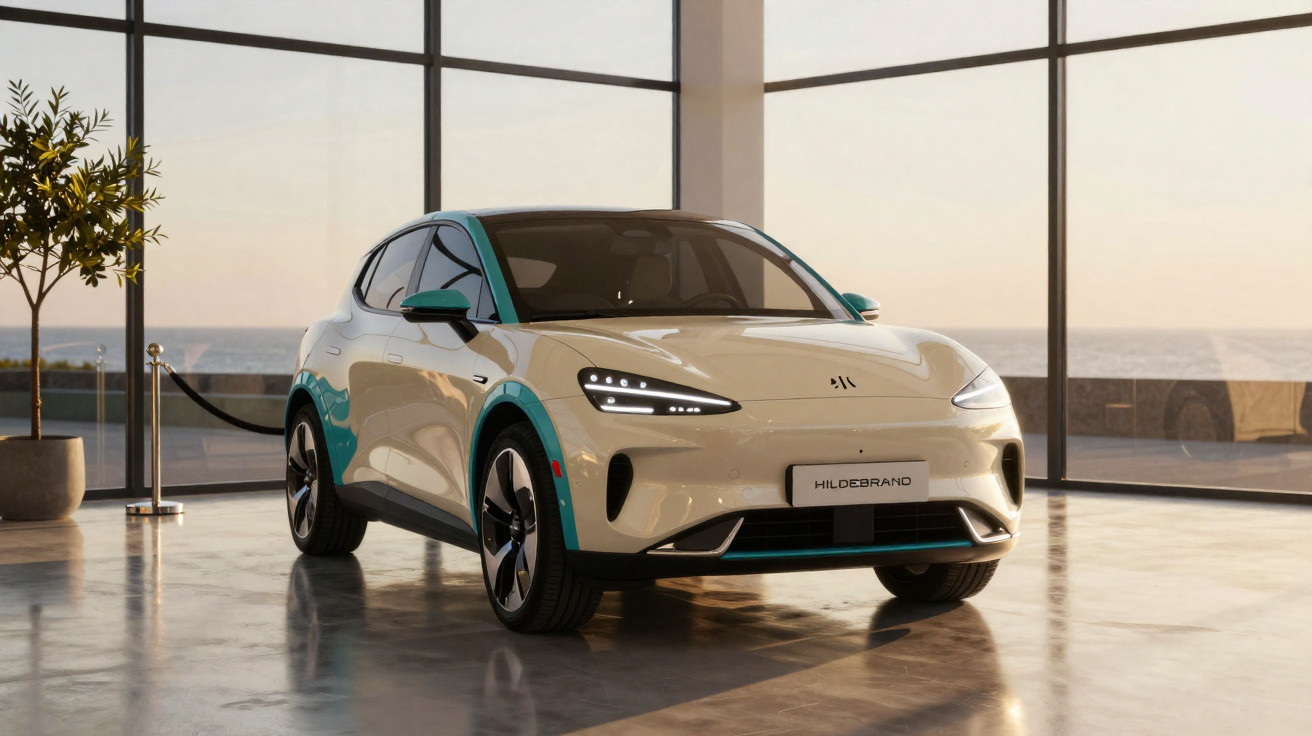 Carro elétrico branco com detalhes em verde, estacionado numa sala ampla com grandes janelas e vista para o mar.