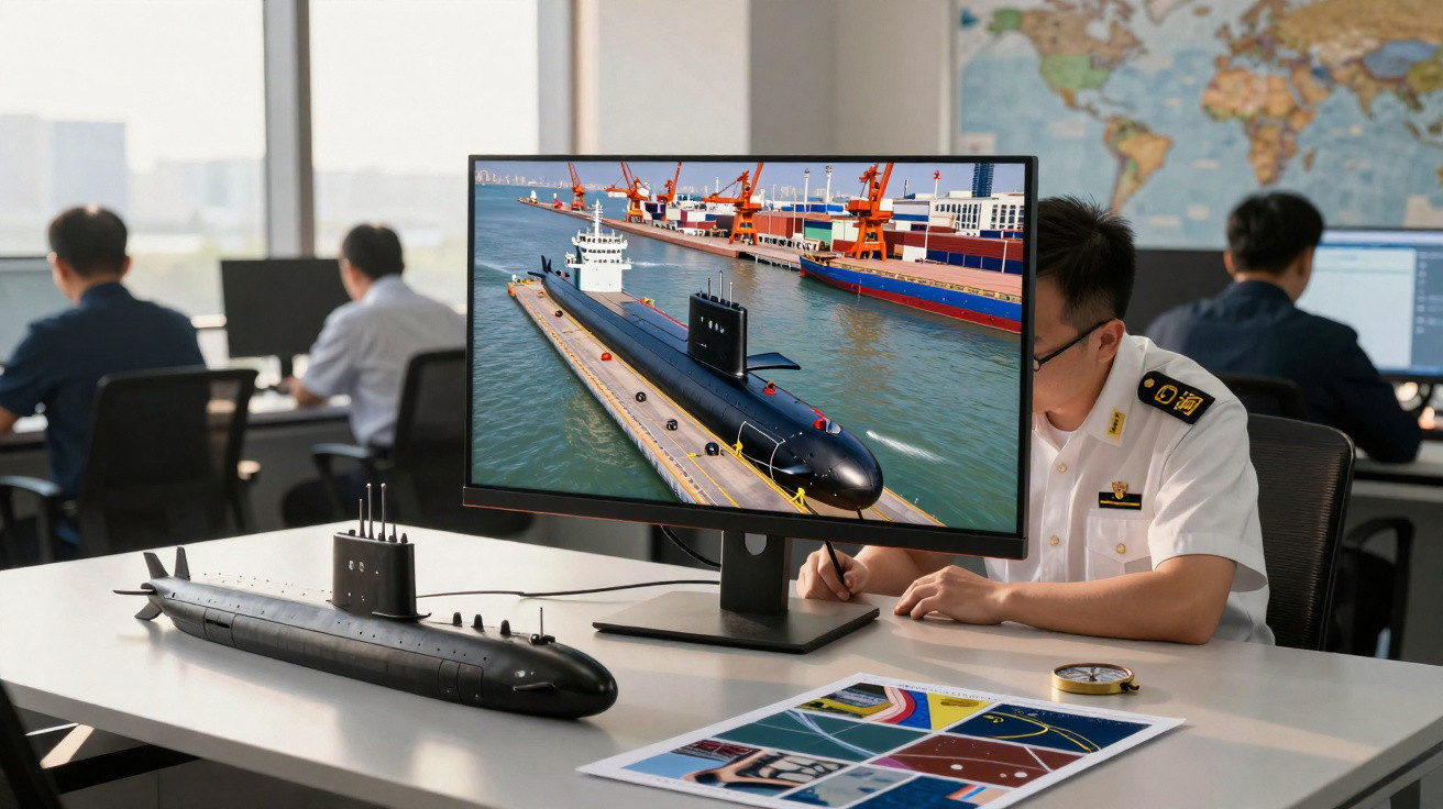 Homem fardado observa modelo de submarino negro em mesa, com imagem do submarino num ecrã e mapa-mundo ao fundo.