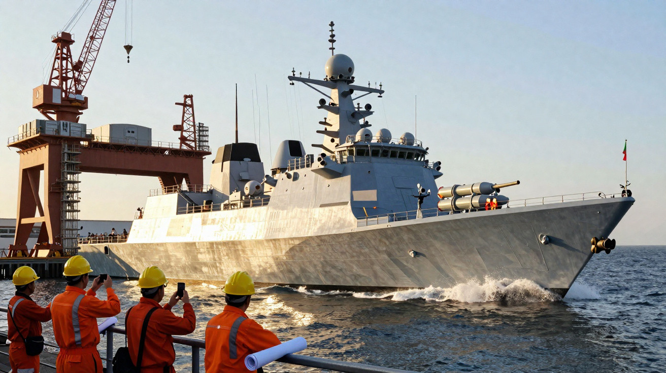 Navio militar cinzento em águas calmas ao pôr do sol, com trabalhadores de capacete e colete a observar.