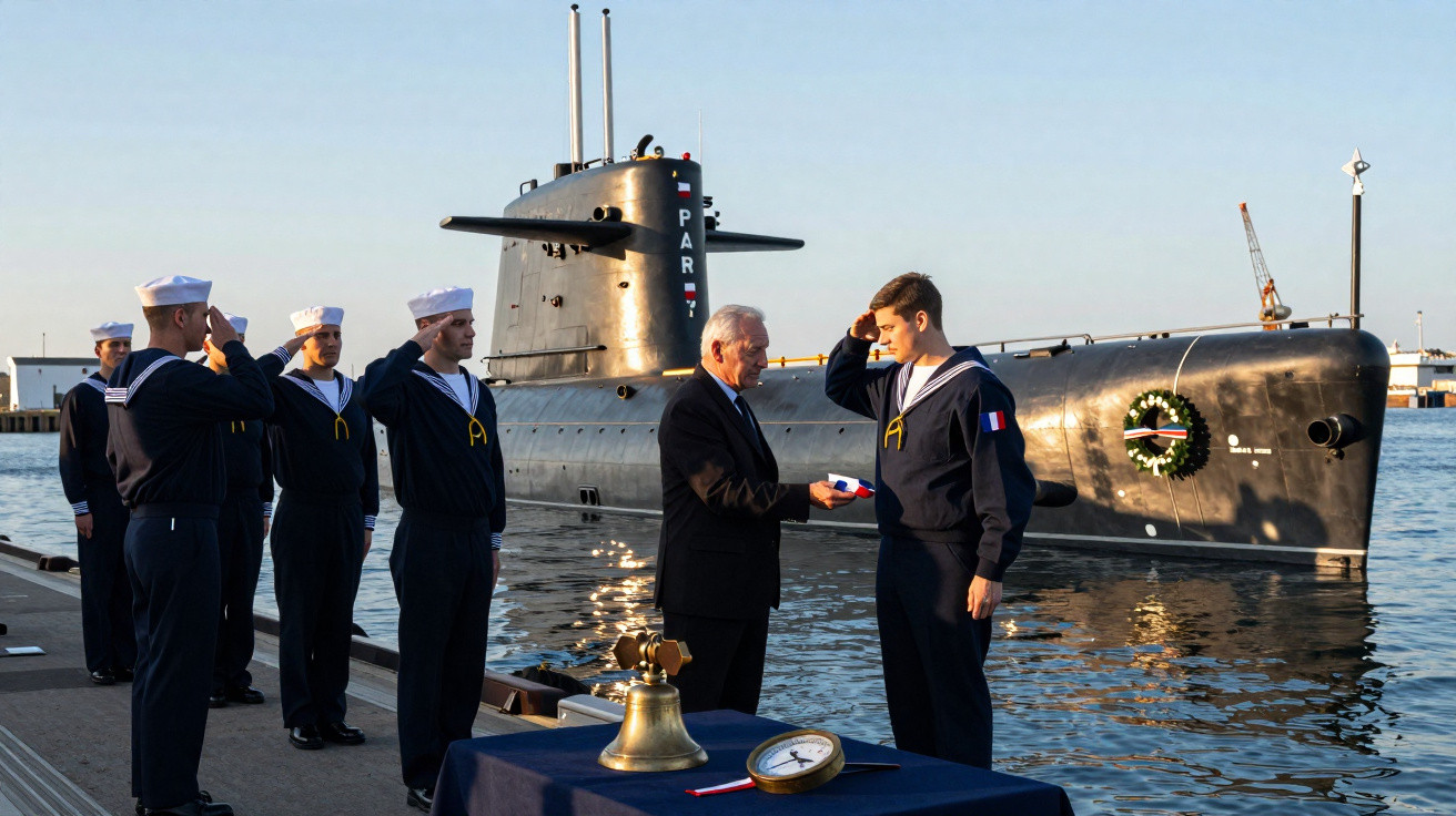Cerimónia militar junto a submarino com marinheiros a saudar e entrega de medalha.
