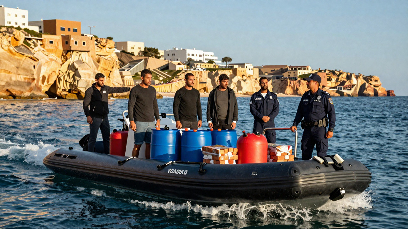 Seis homens num barco inflável no mar, transportando tambores azuis, vermelhos e caixas, com costa rochosa ao fundo.