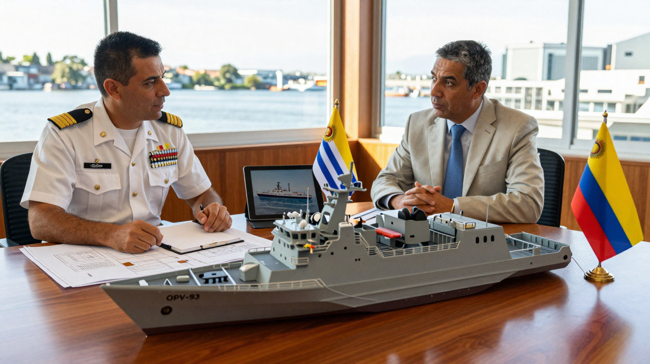 Dois homens reunidos em escritório com miniatura de navio militar e bandeiras do Uruguai e Colômbia na mesa.