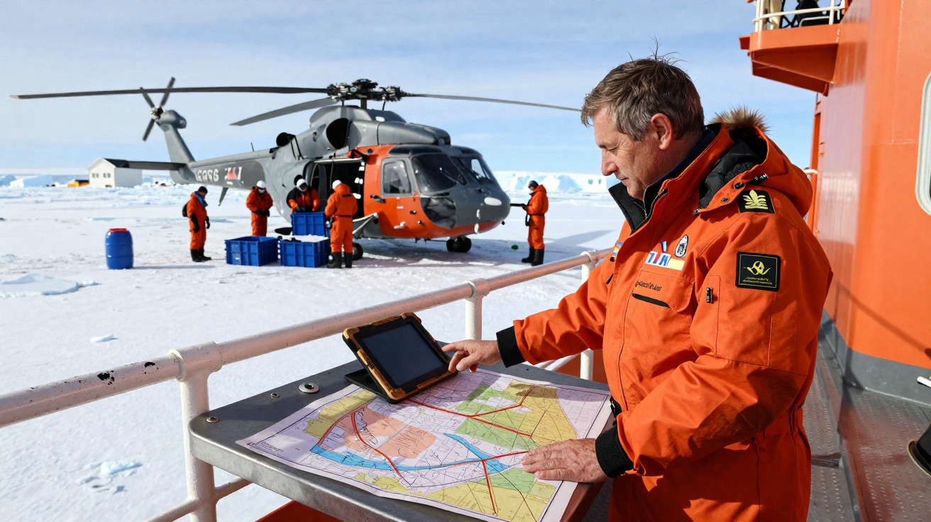 Homem em casaco laranja analisa mapa e tablet perto de helicóptero em ambiente gelado com neve.