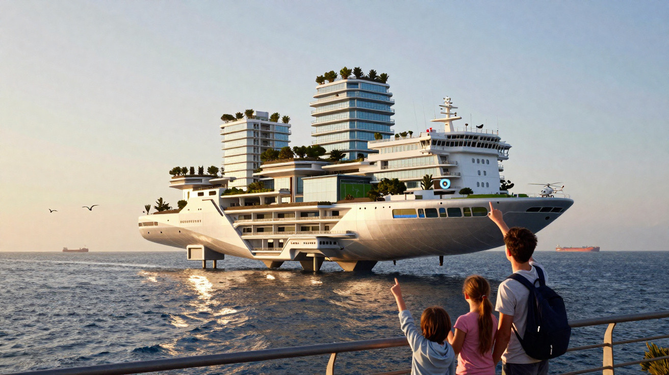 Futurista navio-hotel suspenso sobre a água com áreas verdes, visto por três pessoas numa varanda à beira-mar.