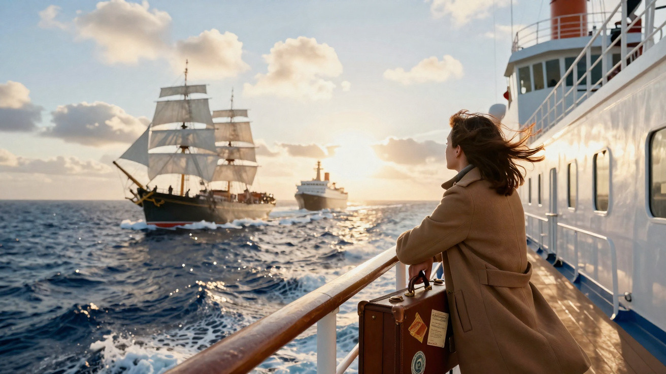 Mulher com casaco bege e mala observa dois navios ao pôr do sol no mar a partir de um navio.