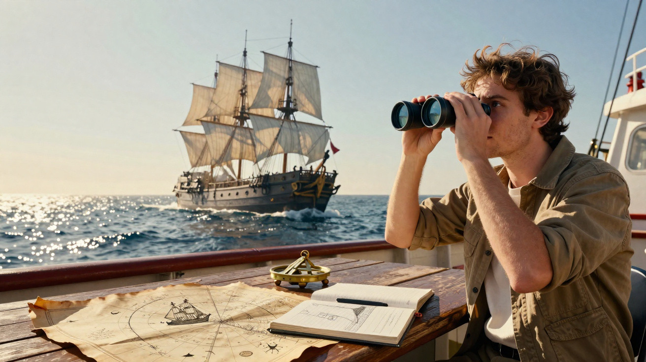 Homem observa navio antigo ao longe com binóculos, mapa e caderno numa embarcação ao pôr do sol.