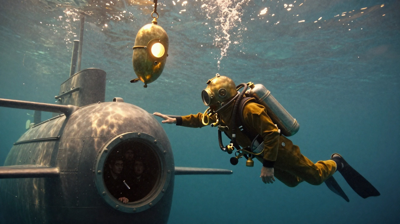 Mergulhador com fato antigo toca mini-submarino próximo a submarino maior em águas claras.