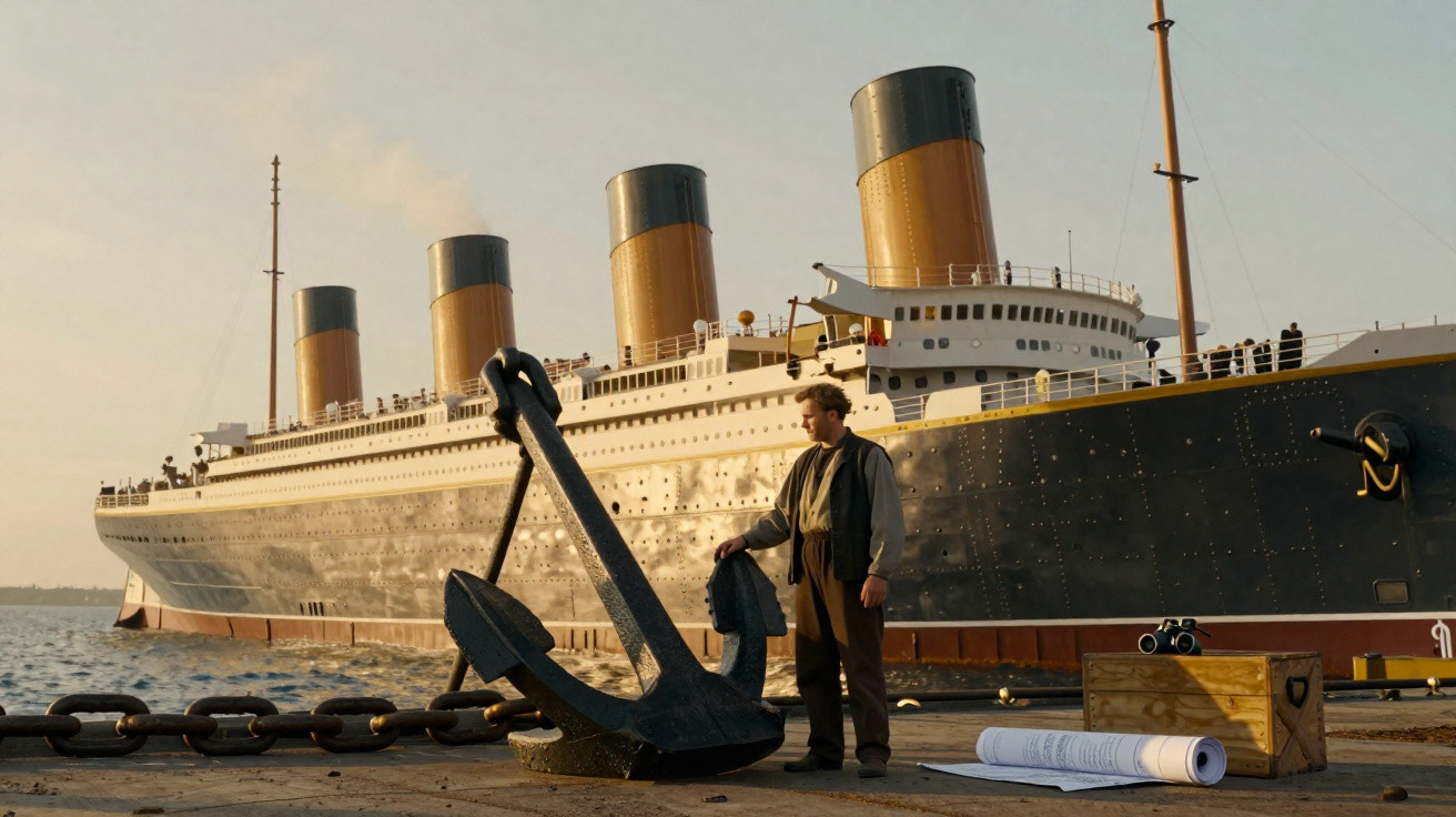 Homem em cais junto a grande âncora, com navio Titanic fundeado ao fundo ao pôr do sol.