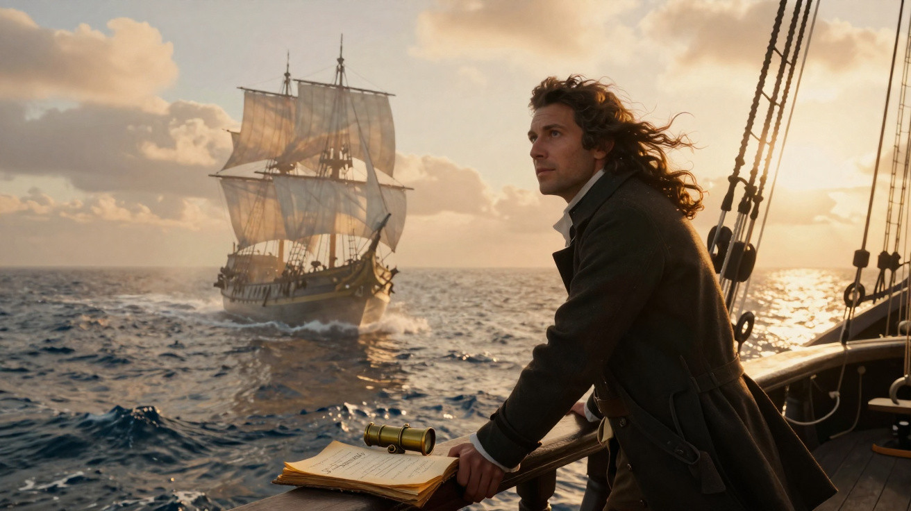 Homem com casaco antigo observa navio à vela no oceano ao pôr do sol, segurando documentos e um telescópio.