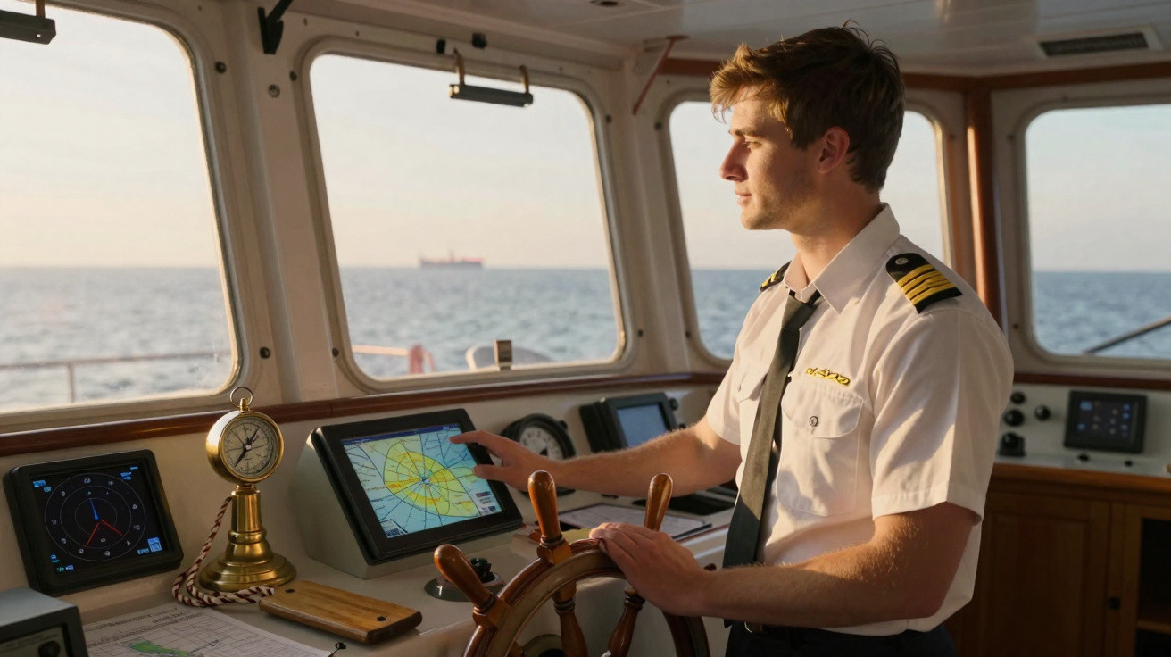 Homem jovem em uniforme de marinheiro a navegar e a usar instrumentos numa ponte de comando de um barco.