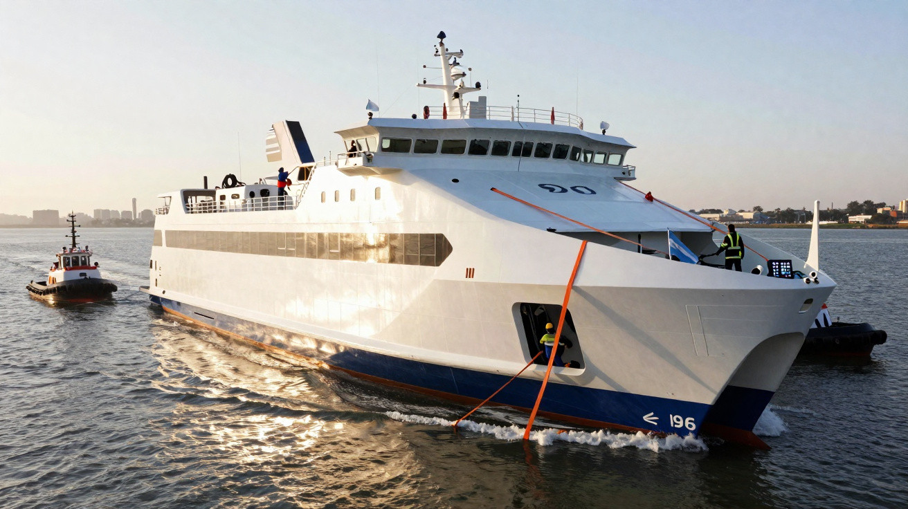 Ferry branco com casco azul navegando em águas calmas ao pôr do sol, acompanhado por dois barcos de apoio.