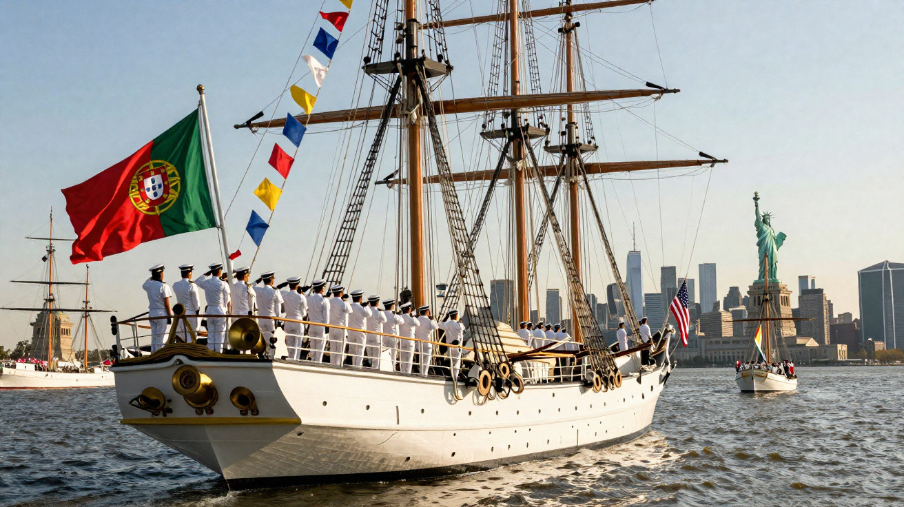 Navio português com tripulação a bordo navega perto da Estátua da Liberdade, Nova Iorque, em dia claro.