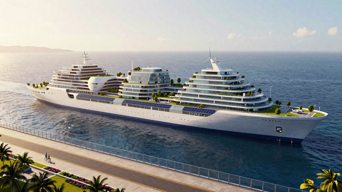 Navio de cruzeiro moderno com painéis solares e áreas verdes navegando próximo a um cais com ciclista.
