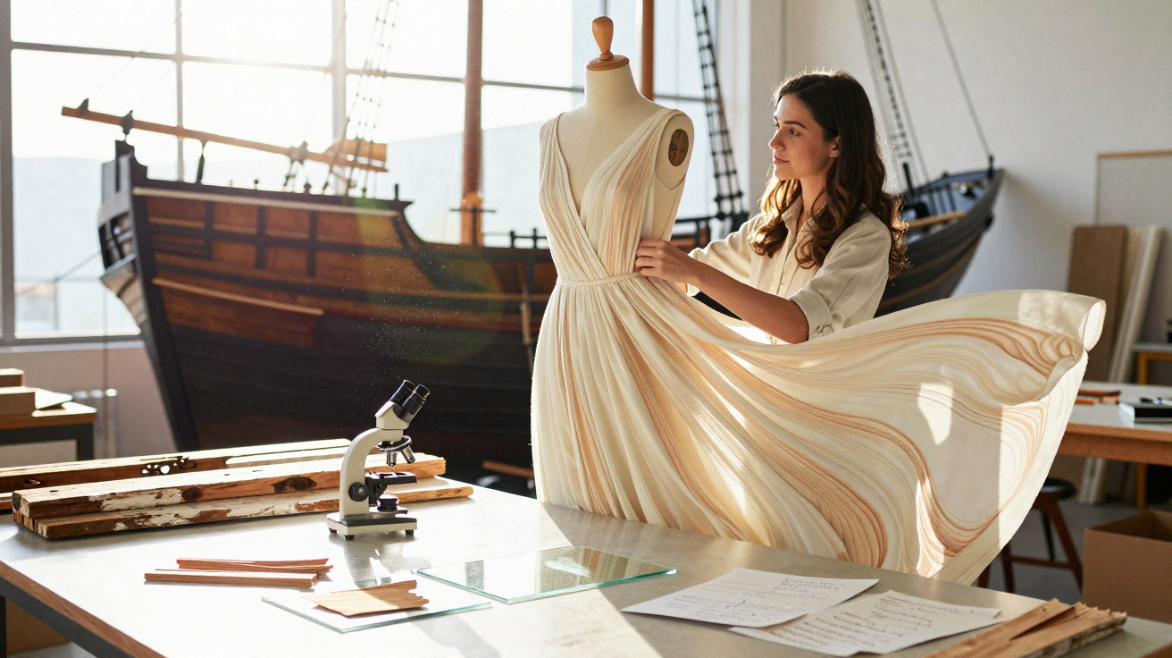 Mulher ajusta vestido bege num manequim num ateliê com modelo de navio e microscópio ao fundo.