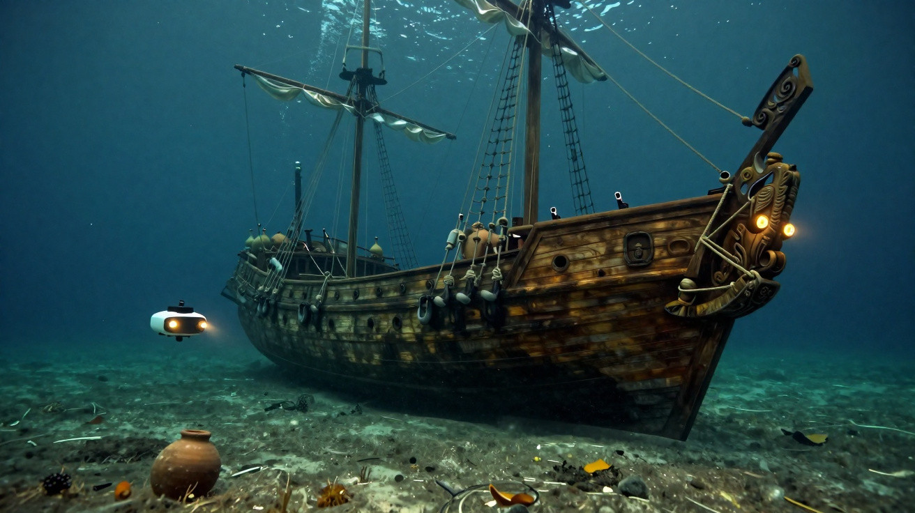 Navio pirata antigo submerso no fundo do mar com objetos espalhados ao redor e pequeno drone ao lado.