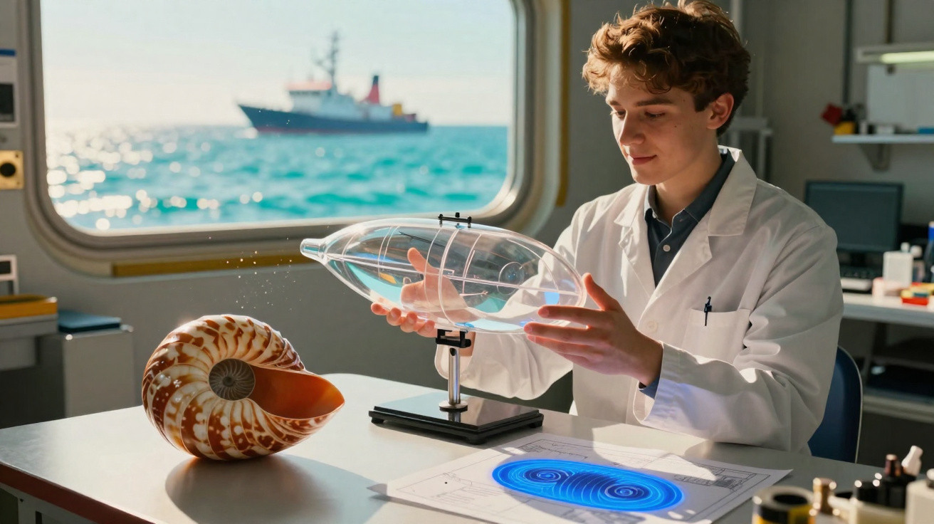 Jovem cientista em laboratório naval analisa modelo de concha com maquete plástica e gráfico na mesa.