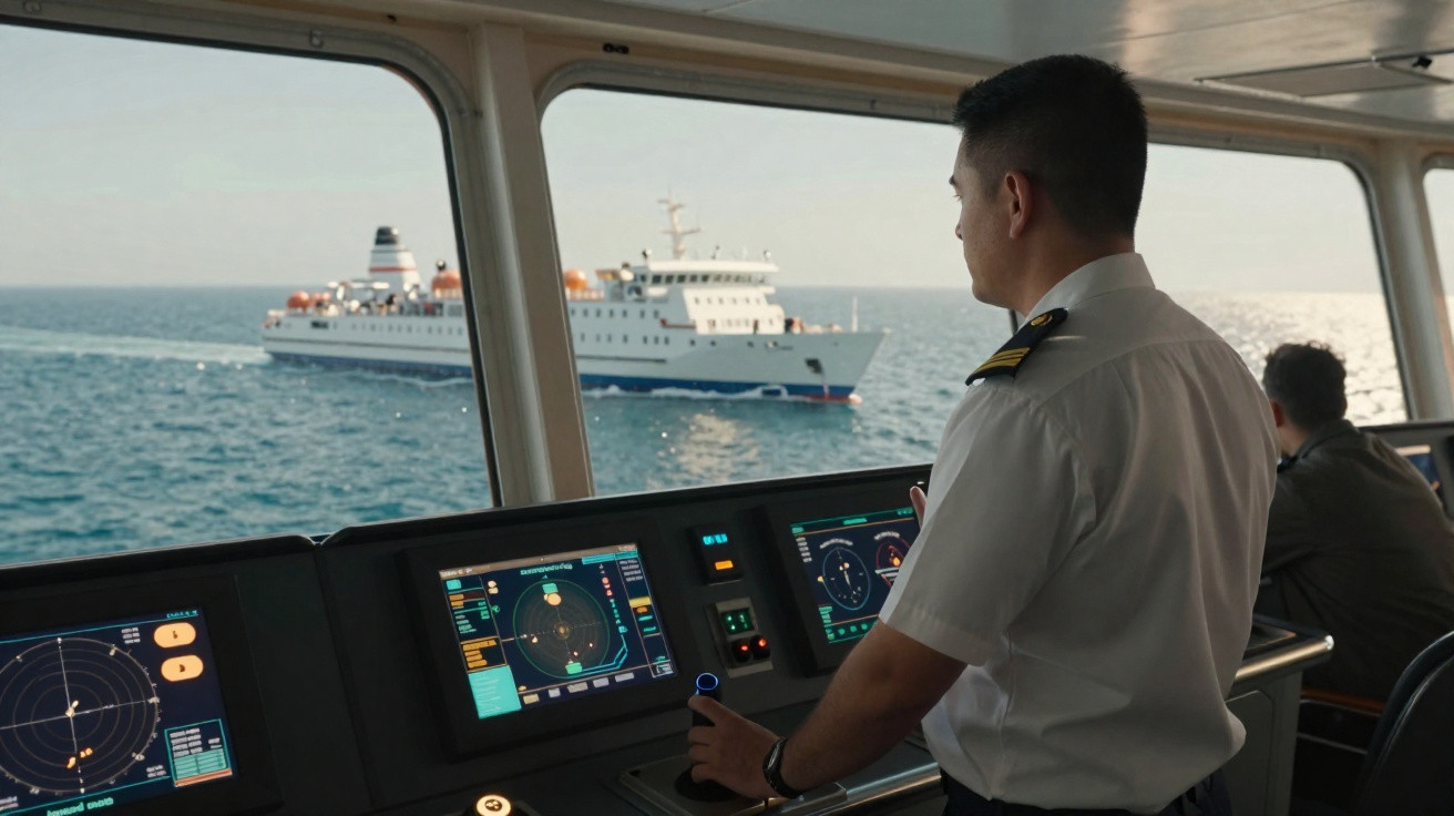 Oficial de navio a controlar o leme, com um navio de passageiros visível no mar através da ponte.