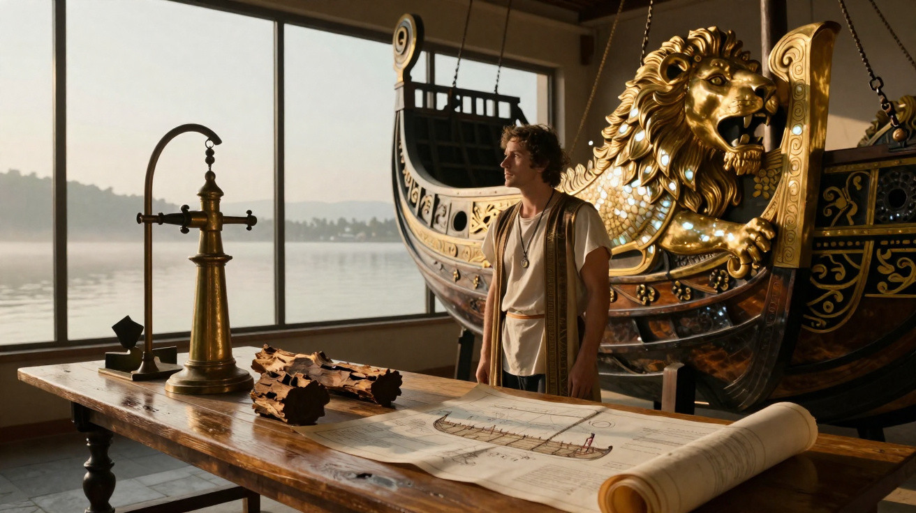 Homem observa barco antigo com figura de leão dourado, ao lado de mesa com mapas e instrumentos náuticos.