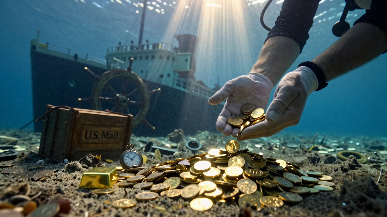 Mãos de mergulhador recolhem moedas douradas no fundo do mar perto de um navio naufragado e um baú antigo.