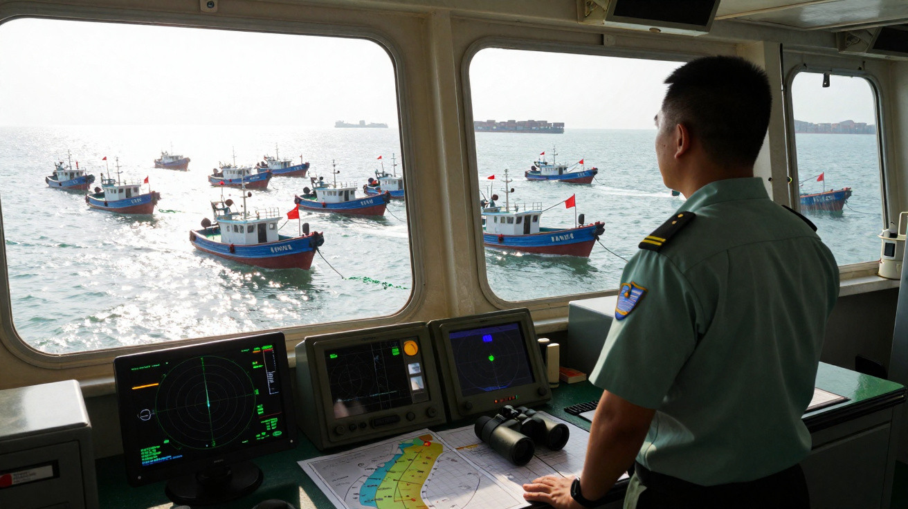 Homem de uniforme naval observando vários barcos de pesca vermelhos e azuis no mar a partir do interior de um navio.
