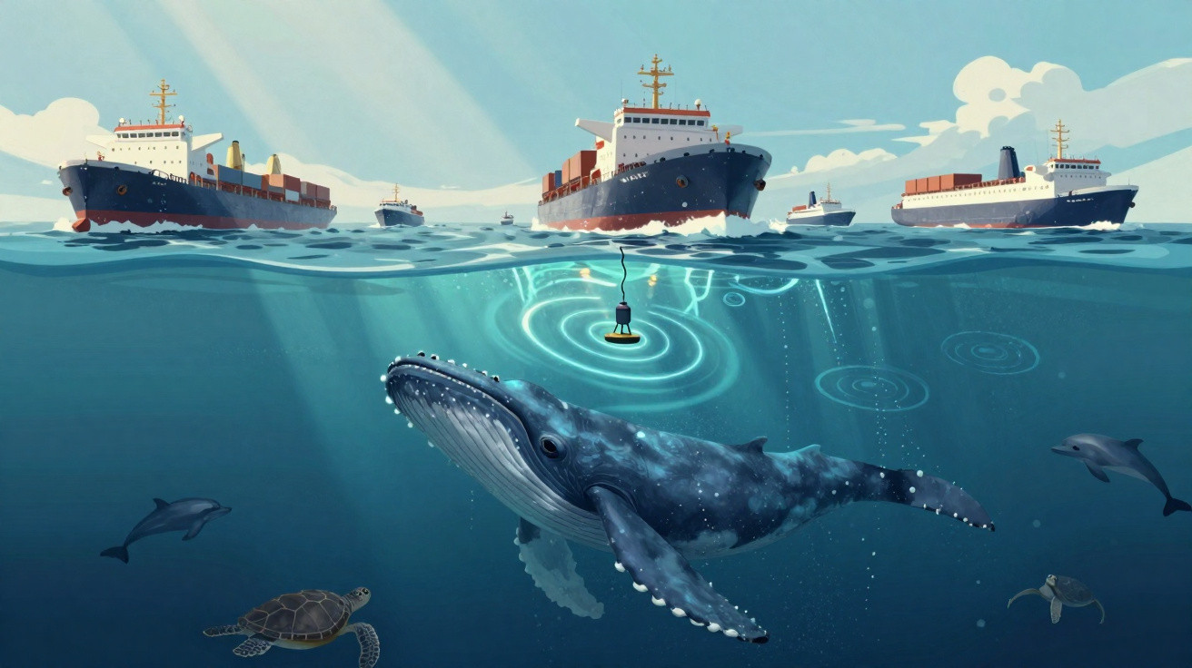 Ilustração de baleia azul e outros animais marinhos sob navios de carga no oceano.