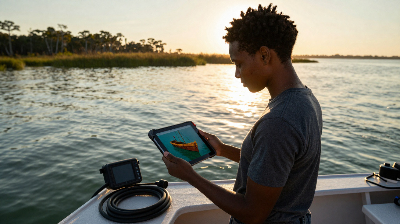 Homem a bordo de barco vê imagem de barco numa tablet ao pôr do sol num rio calmo.