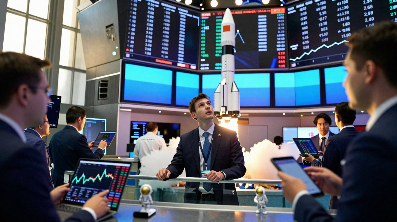 Homens de negócios em bolsa com gráficos e modelo de foguetão, simbolizando lançamento e tecnologia.