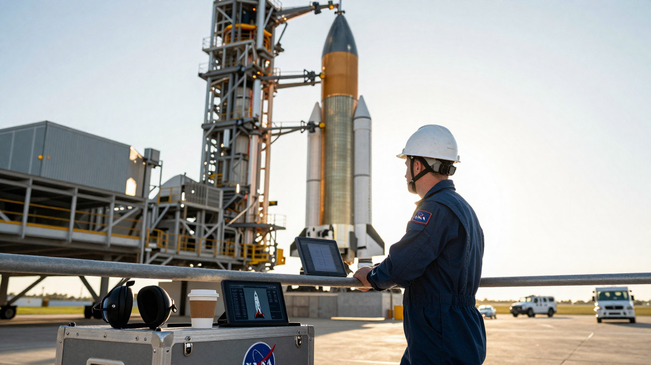 Engenheiro da NASA de capacete vê foguete pronto para lançamento numa plataforma exterior.