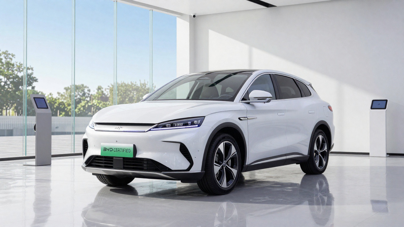 Carro elétrico branco estacionado numa sala moderna com chão de cimento polido e paredes brancas.