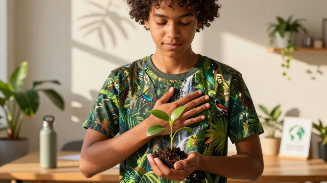 Jovem segura pequena planta em vaso com uma mão e toca no peito com a outra, num ambiente iluminado e com plantas.