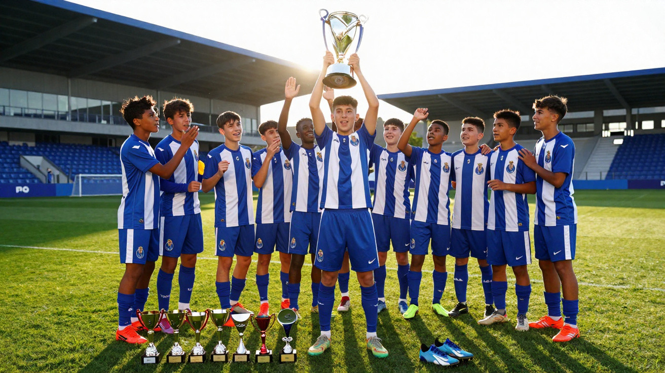 Jovens jogadores de futebol do FC Porto em campo celebram com taças e troféus numa competição juvenil.