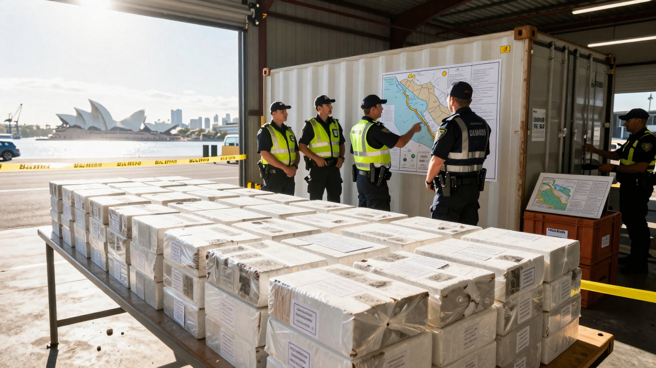 Polícia e agentes de segurança junto a carga de caixas brancas empilhadas numa doca, com a Ópera de Sydney ao fundo.