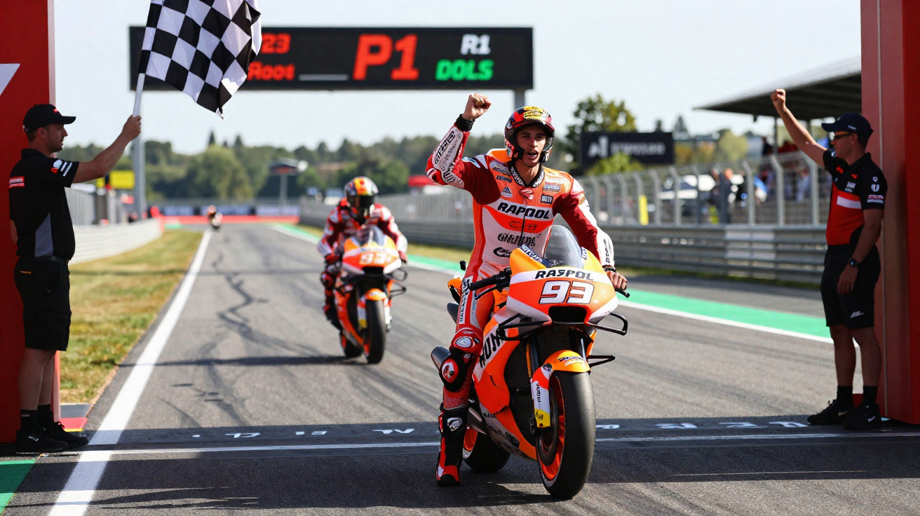 Piloto de MotoGP celebra vitória ao cruzar a linha de meta com a bandeira de xadrez a ser agitada.