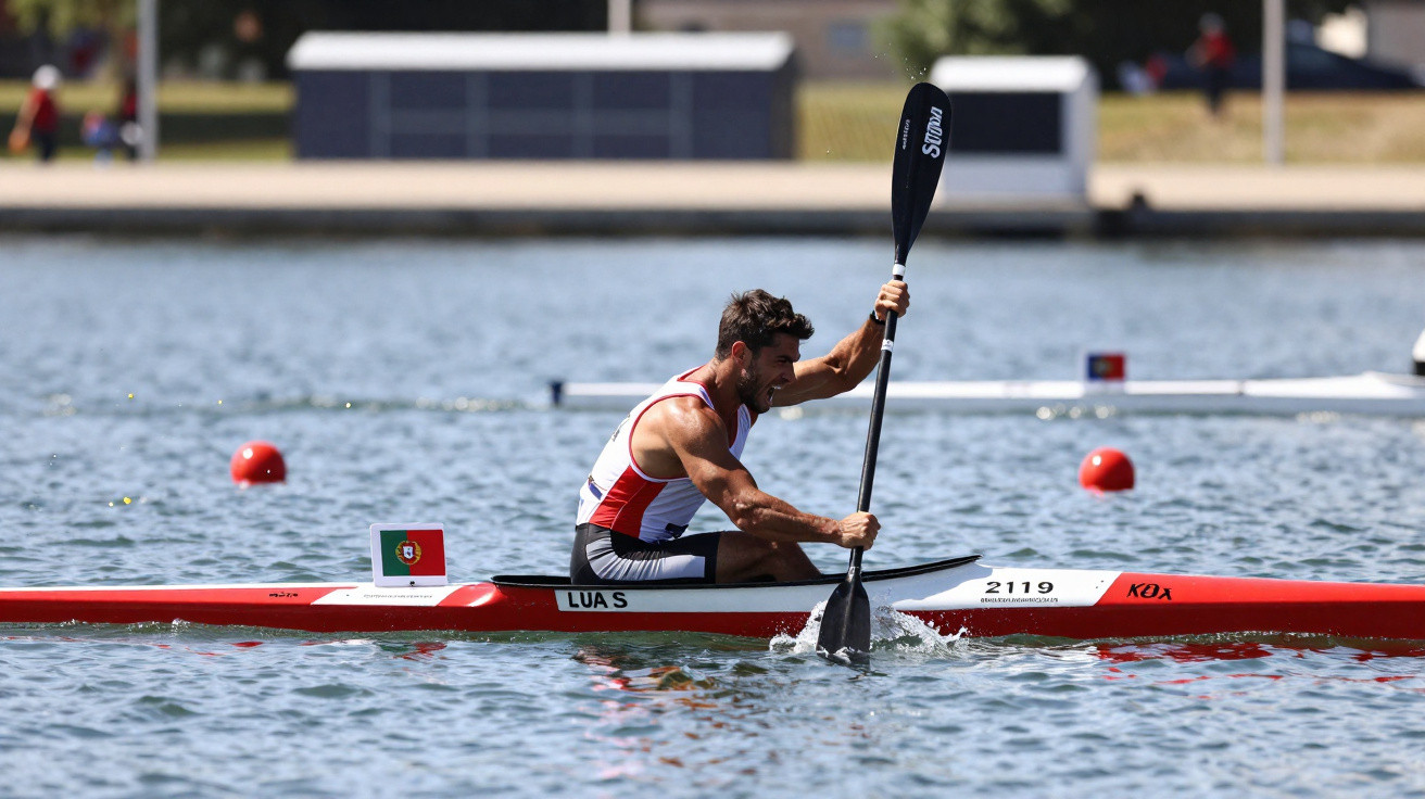 Canoísta português a remar numa competição de aguas calmas numa caiaque vermelha e branca.
