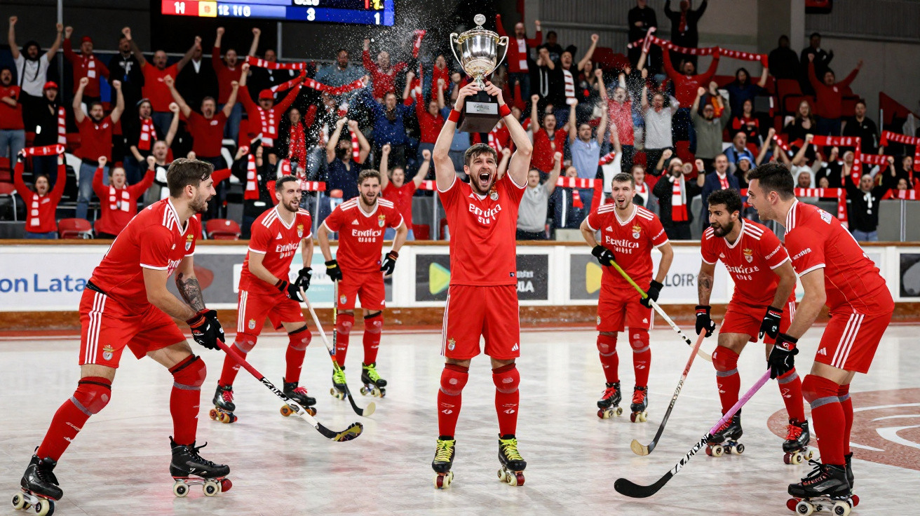 Jogadores de hóquei em patins do Benfica celebram vitória com troféu em pista e público a aplaudir.