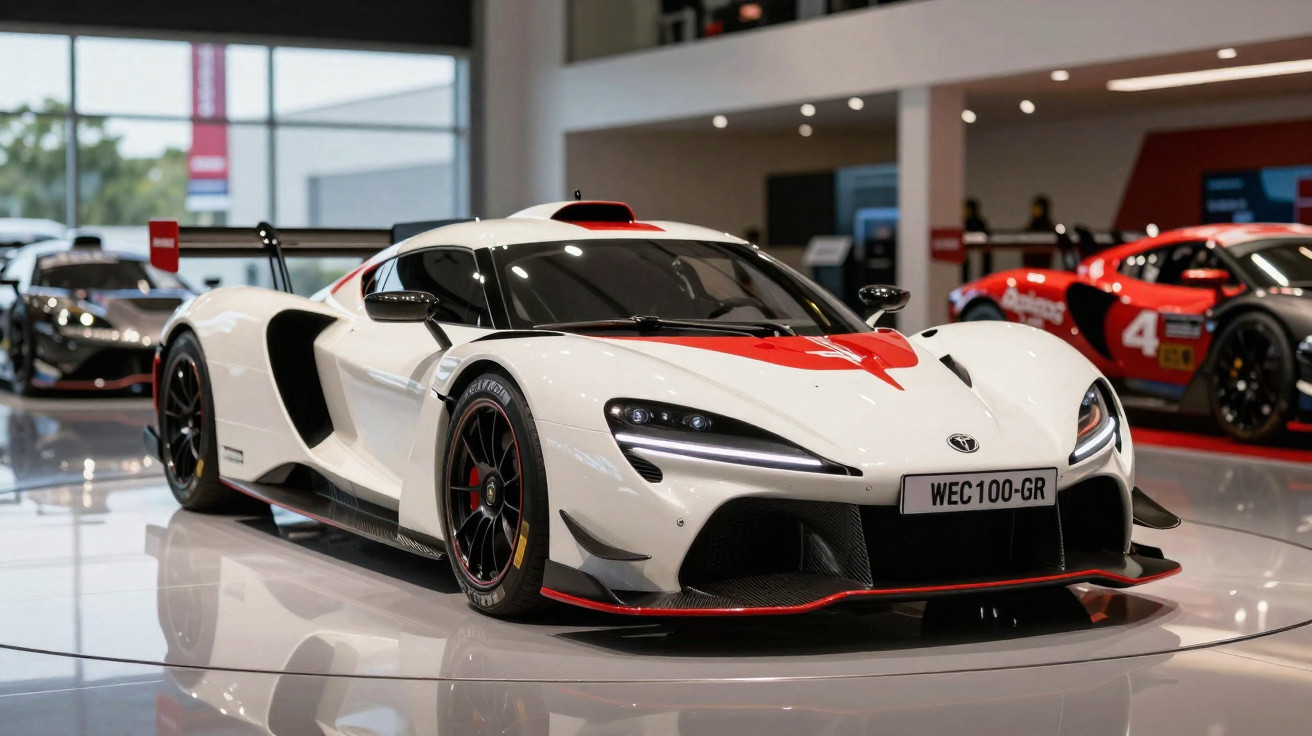 Carro desportivo branco com detalhes vermelhos exposto numa sala com outros carros de corrida ao fundo.