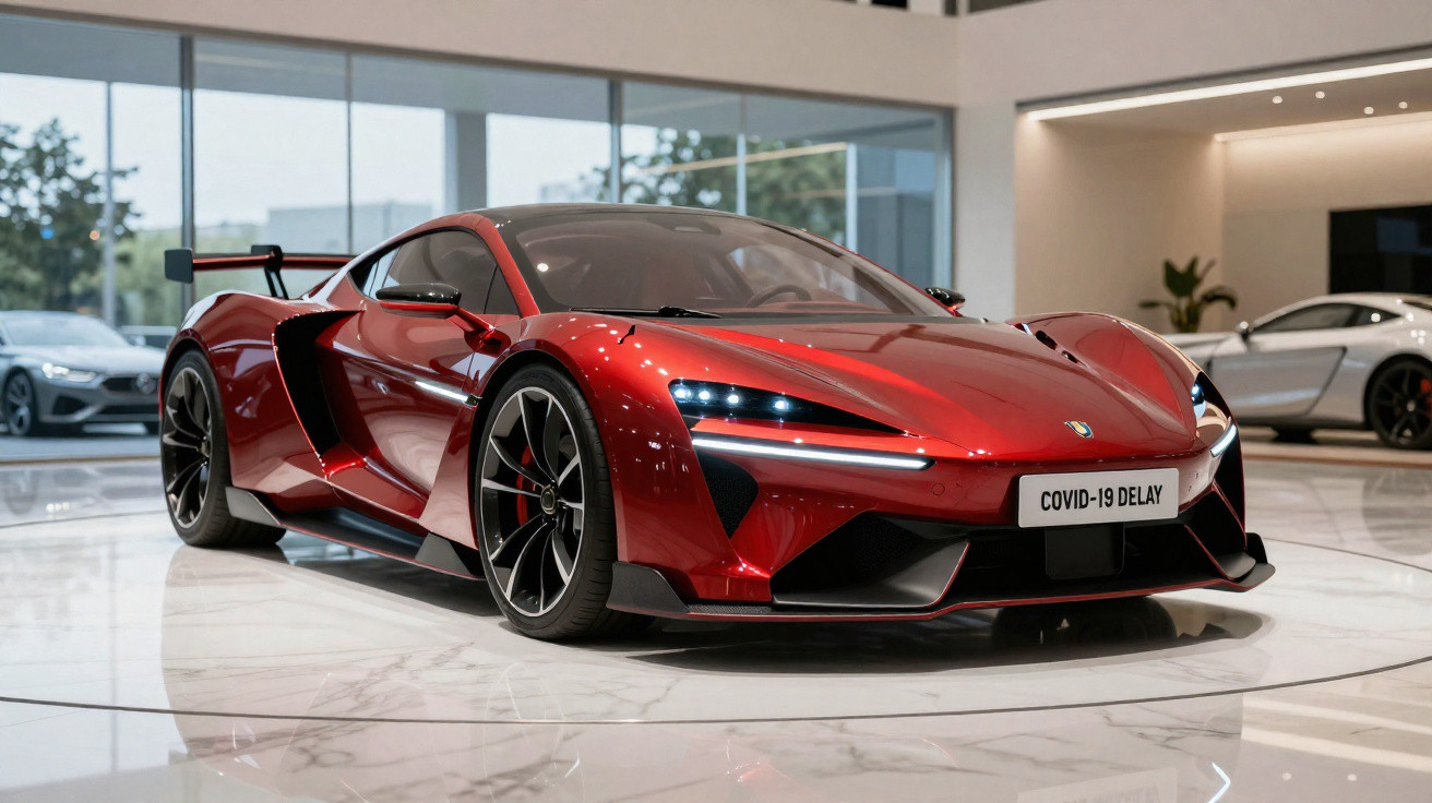 Carro desportivo vermelho brilhante exposto num salão moderno com outros carros ao fundo.