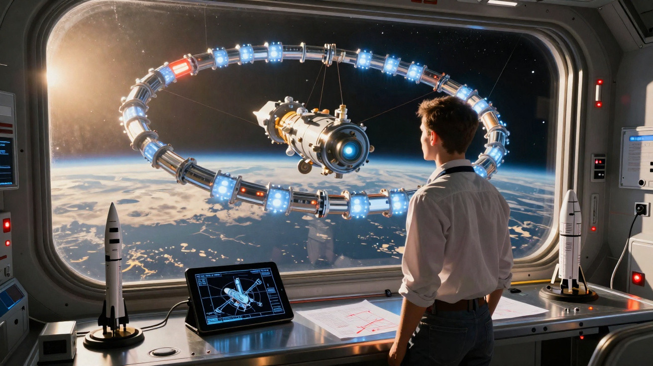 Pessoa observa através da janela de uma estação espacial satélite com anel iluminado em órbita da Terra.